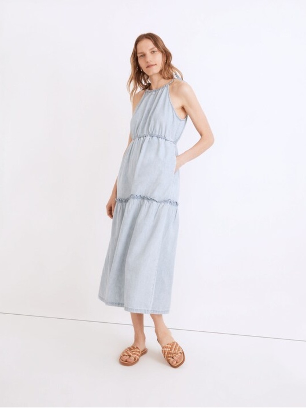 Light Wash Chambray Halter Midi Dress - Light Blue